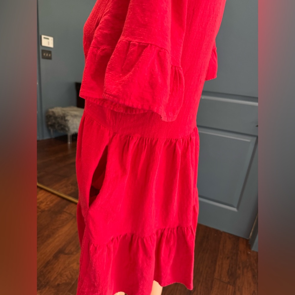 Red Tiered Mini Dress Boho V Neck Short Sleeve Pockets Summer Size M Fancyinn - Picture 4 of 8